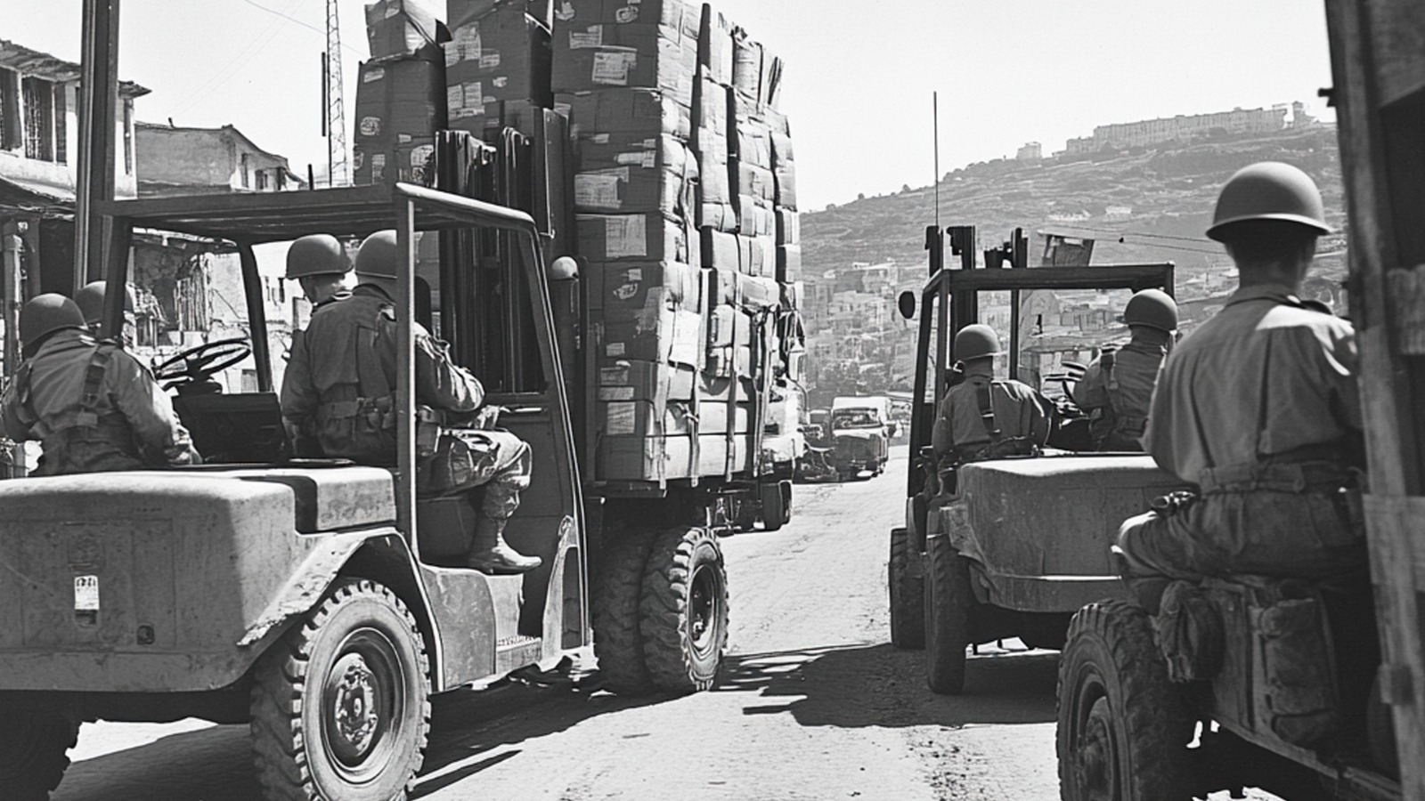 Montacargas de la Segunda Guerra Mundial transportando suministros.